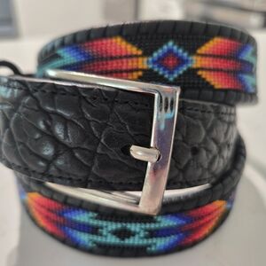 Beaded Leather Belt | Native Indian Western| Orange Blue Beadwork